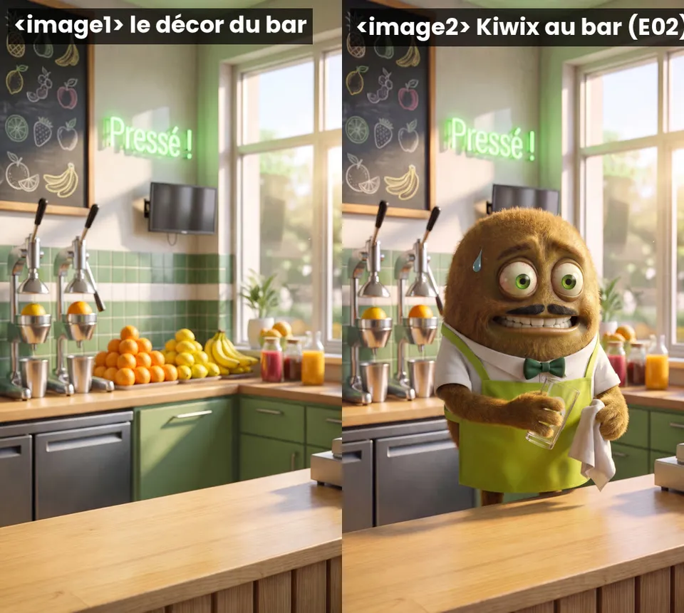 Les deux images de référence données à Qwen Image : le décor du bar et Kiwix