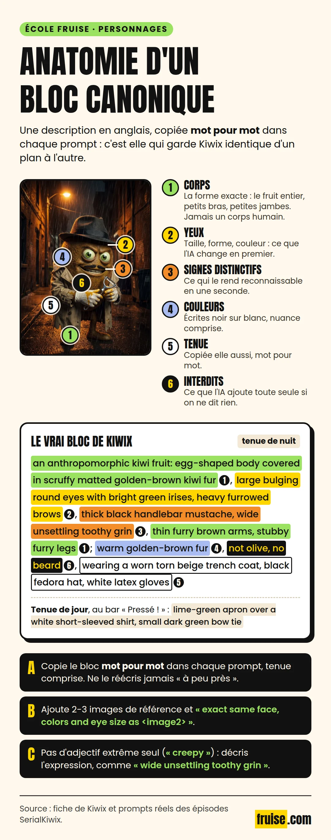 Anatomie d'un bloc canonique : la description d'apparence en anglais, avec ses garde-fous, recopiée mot pour mot dans chaque prompt